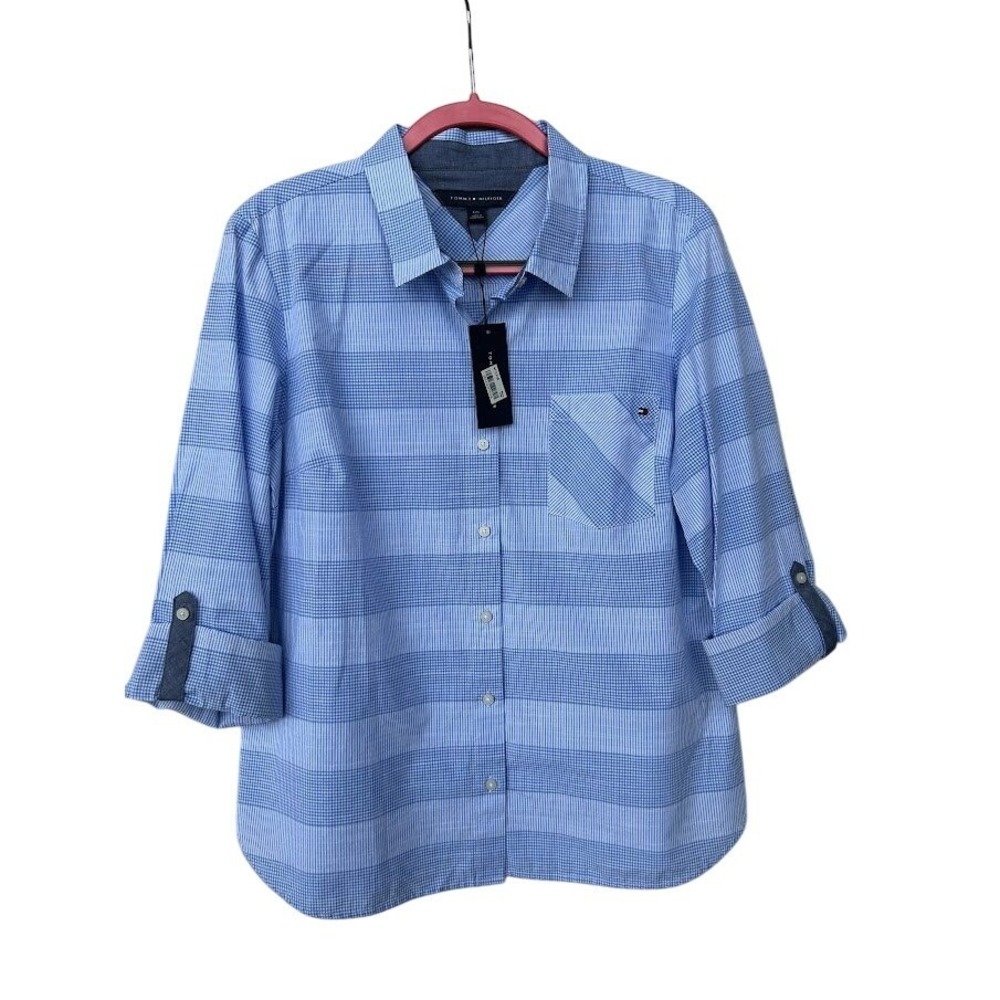 Tommy Hilfiger Women Blue Plaid Button Down Long Sleeve Shirt Roll Tab Large